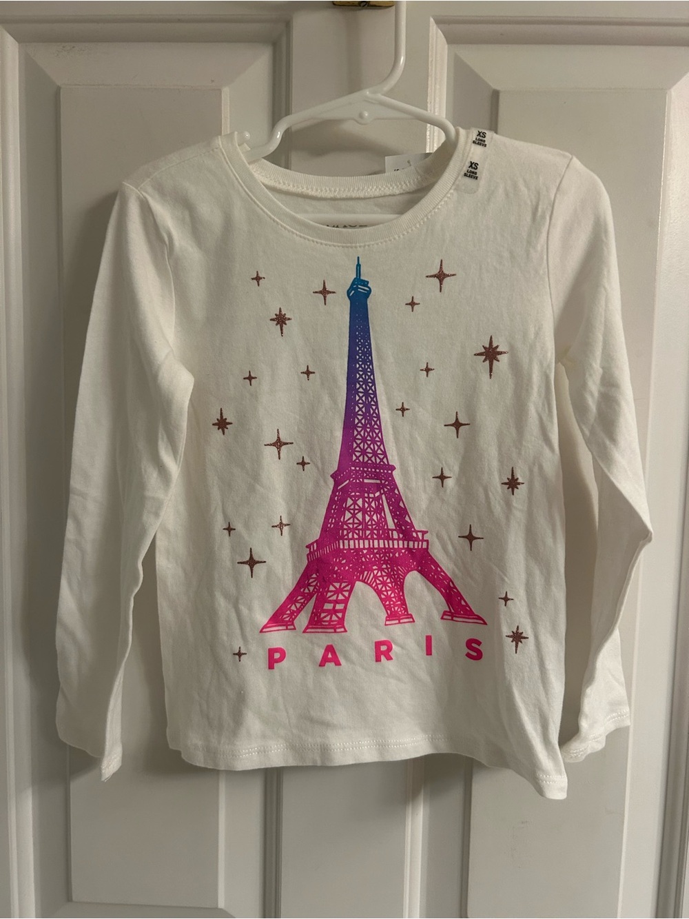 NWT-The Children's Place White Long-Sleeve Tee with Pink-to-Blue Eiffel Tower